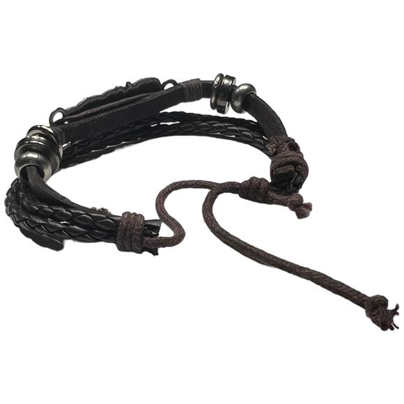 Brown Leather Braided Bracelet with Beads and Leaf Detail - Picture 4 of 7